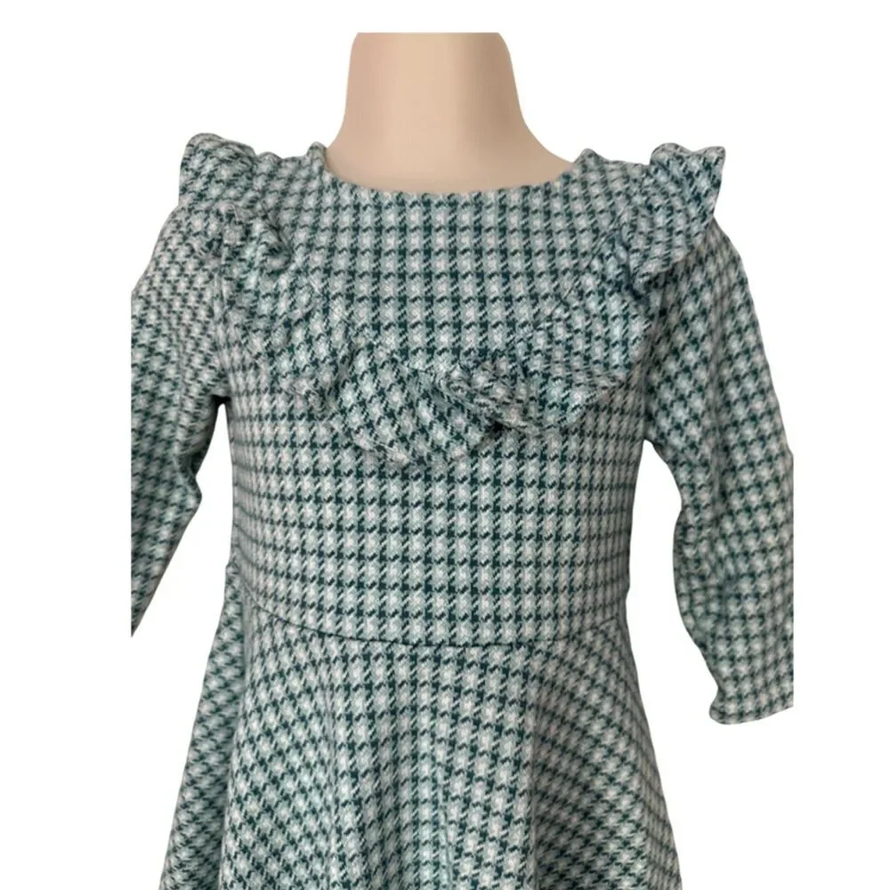 Janie & Jack Knit Green Plaid Long Sleeve Fit & Flare Dress Size 3T